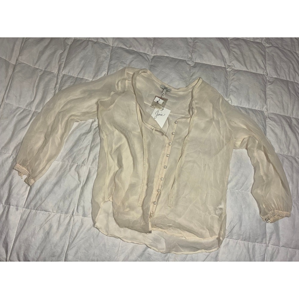 Joie Cream 100% Silk Beaded Tie Neck Blouse Long Sleeve Button Front Top Medium